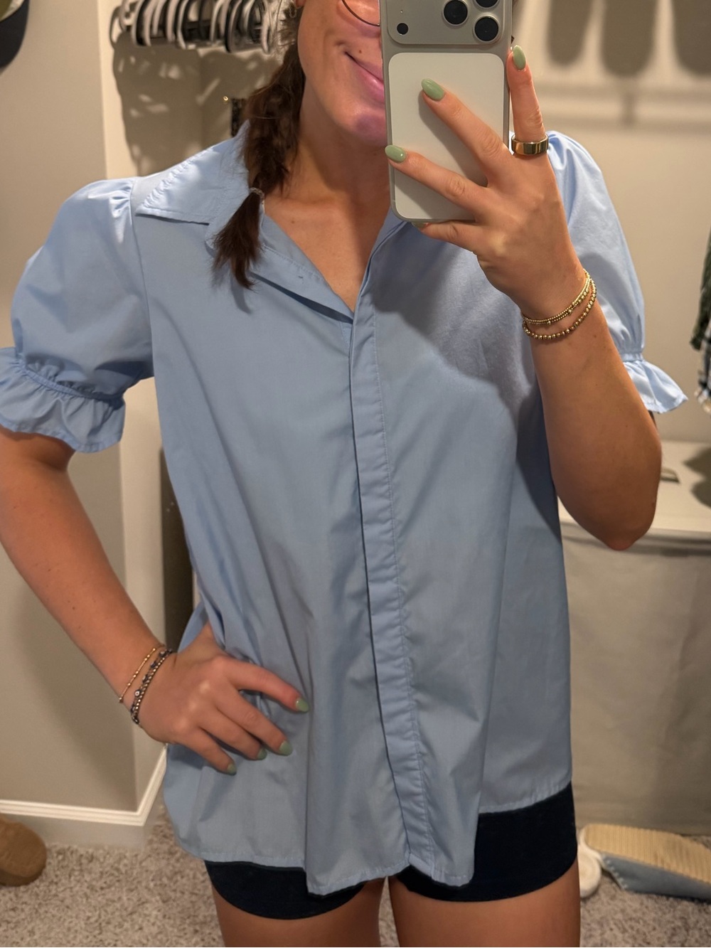 First Love Light Blue Button-Down Puff Sleeve Top
